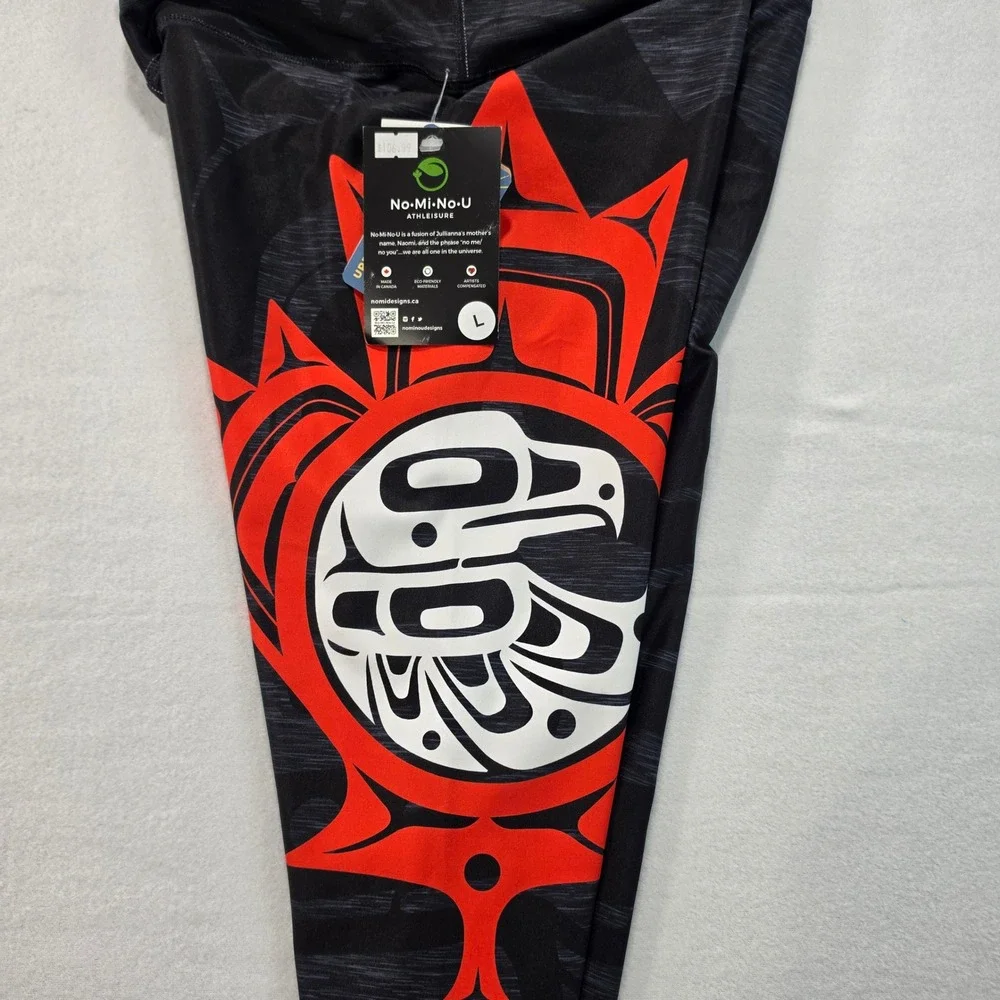 NoMiNoU‎ Indigenous Art Leggings L Large Black Red Recycled Yoga UPF 50 NWT